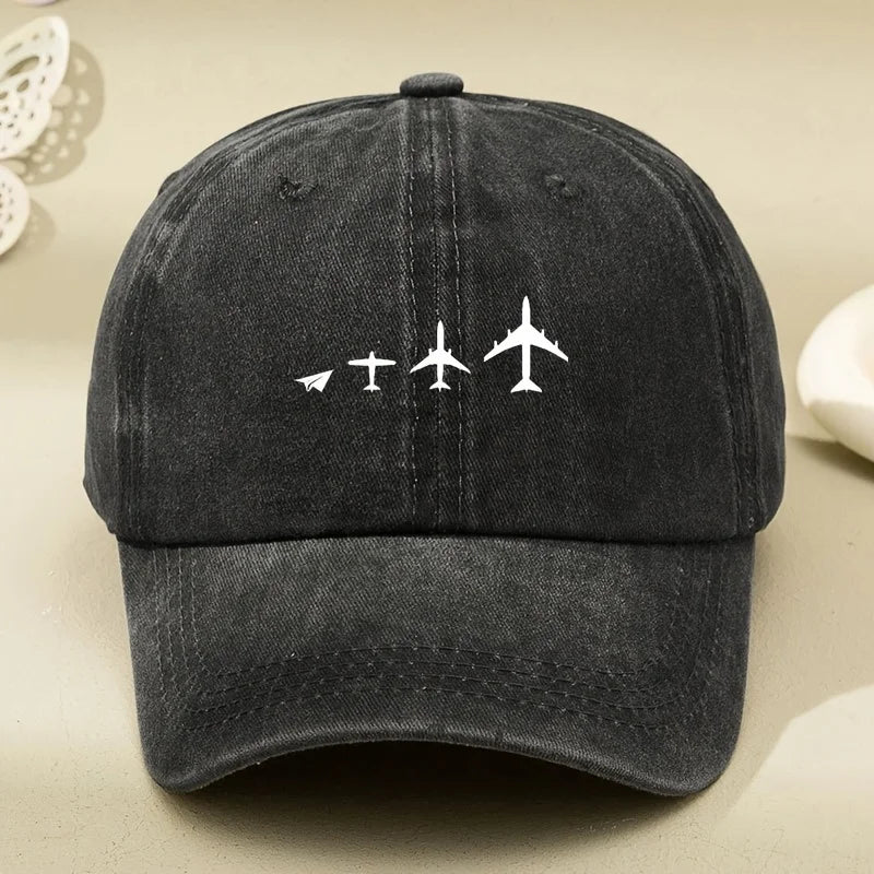 Retro Airplane Print Washed Baseball Cap