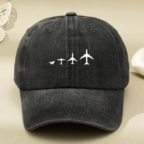 Retro Airplane Print Washed Baseball Cap