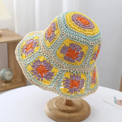 Japan Korea Crochet Straw Flower Bucket Hat