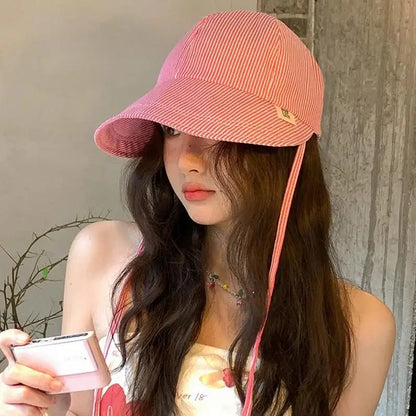 Women Korean Stripe Wide Brim Bucket Hat