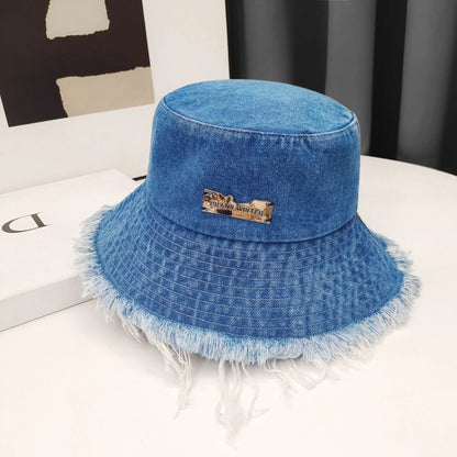 Washed Denim Tassel Wide Brim Bucket Hat