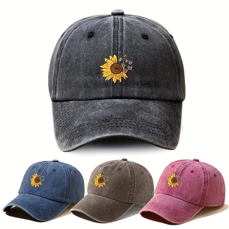 Sunflower Print Retro Washed Baseball Cap