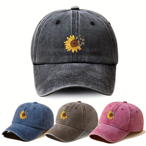 Sunflower Print Retro Washed Baseball Cap