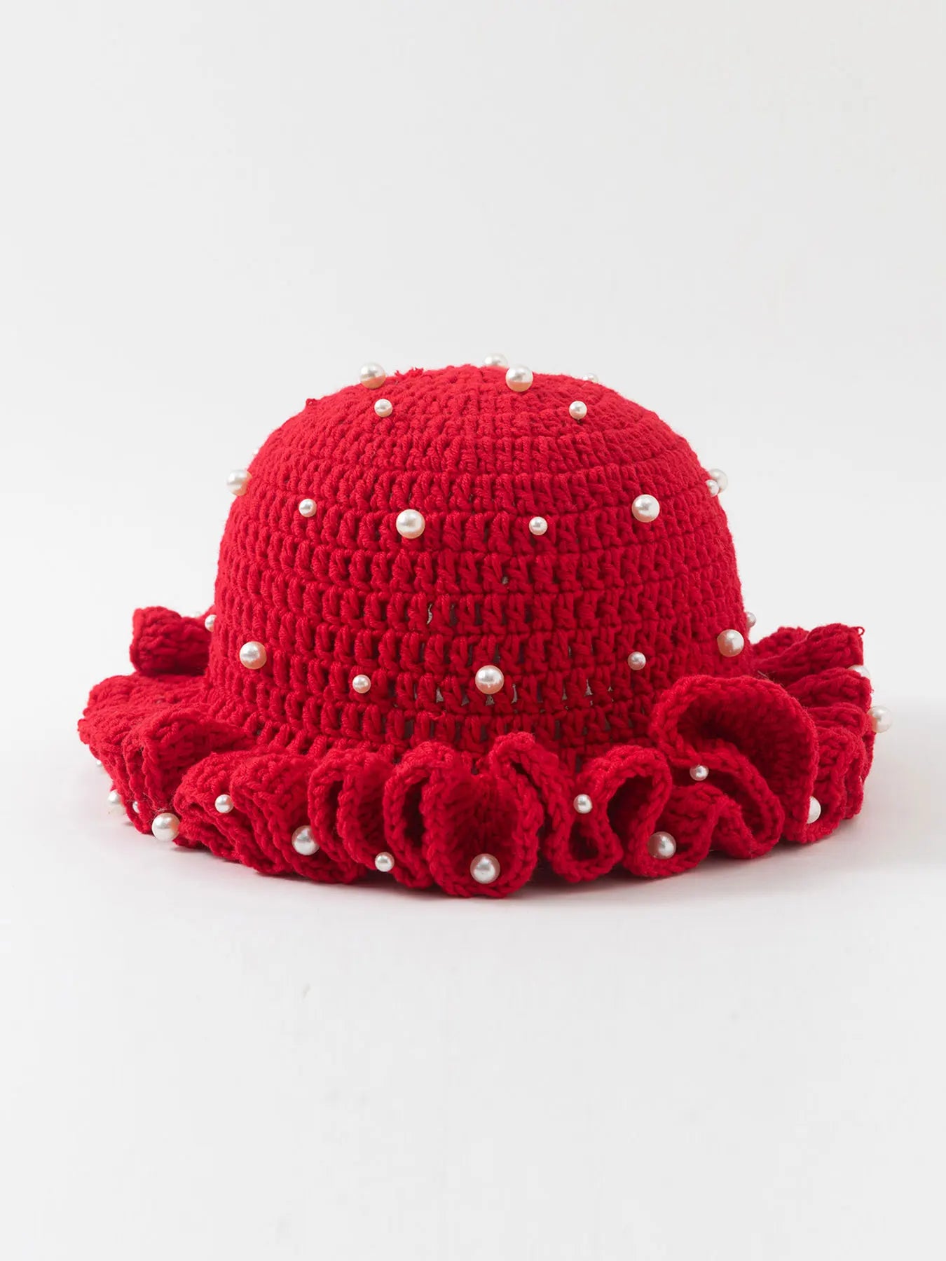 Women’s Pearl Ruffled Crochet Knit Bucket Hat