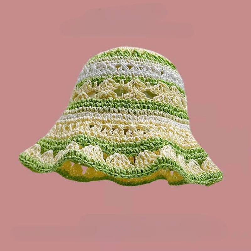 Seaside Colorful Striped Hollow Straw Bucket Hat