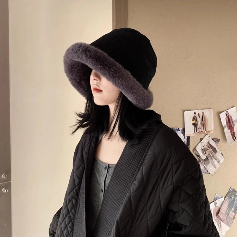 Rabbit Fur Winter Plush Ear Protection Bucket Hat