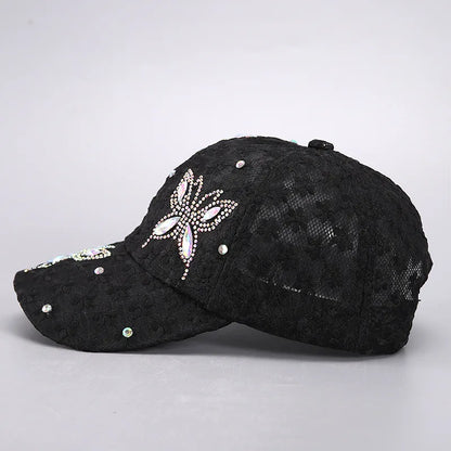 Lace Flower Rhinestone Baseball Cap