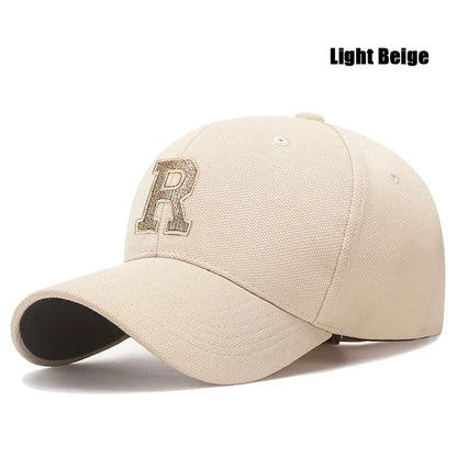 R Letter Gold Embroidery Premium Baseball Cap