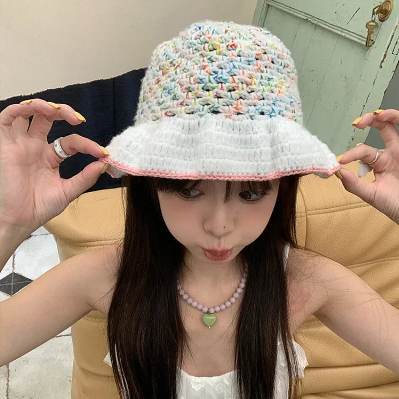 Dopamine Contrast Color Knitted Breathable Women Bucket Hat