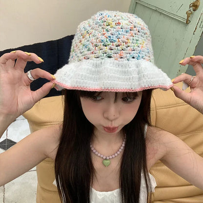 Dopamine Contrast Color Knitted Breathable Women Bucket Hat