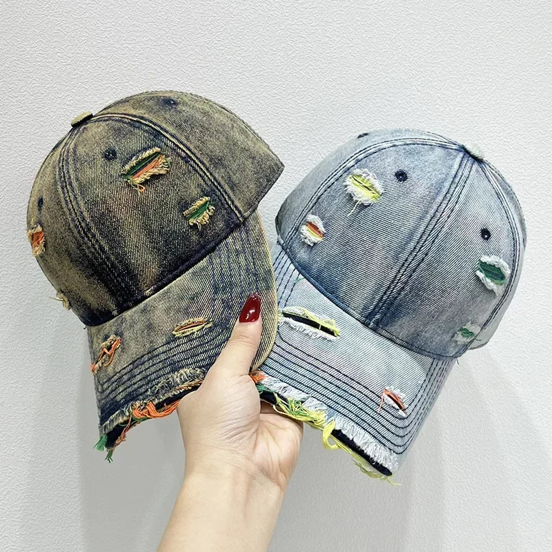 Korean Rainbow Cracked Denim Duck Tongue Baseball Cap