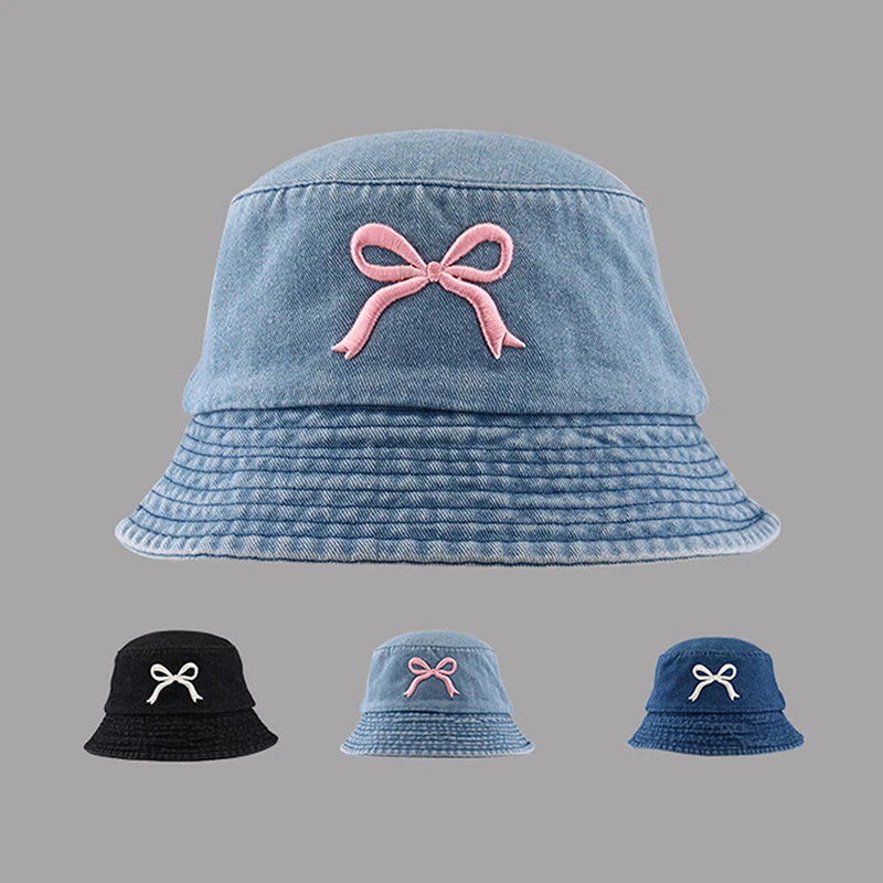 Butterfly Embroidery Cotton Denim Summer Bucket Hat