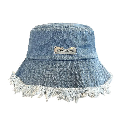 Washed Denim Tassel Wide Brim Bucket Hat