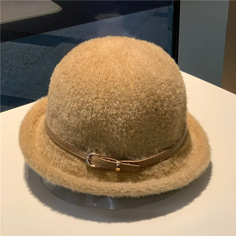 French Style Belt Buckle Wool Bucket Hat