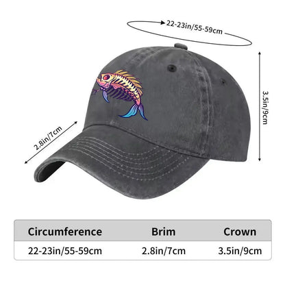 Cartoon Fishbone Washed Denim Print Baseball Cap