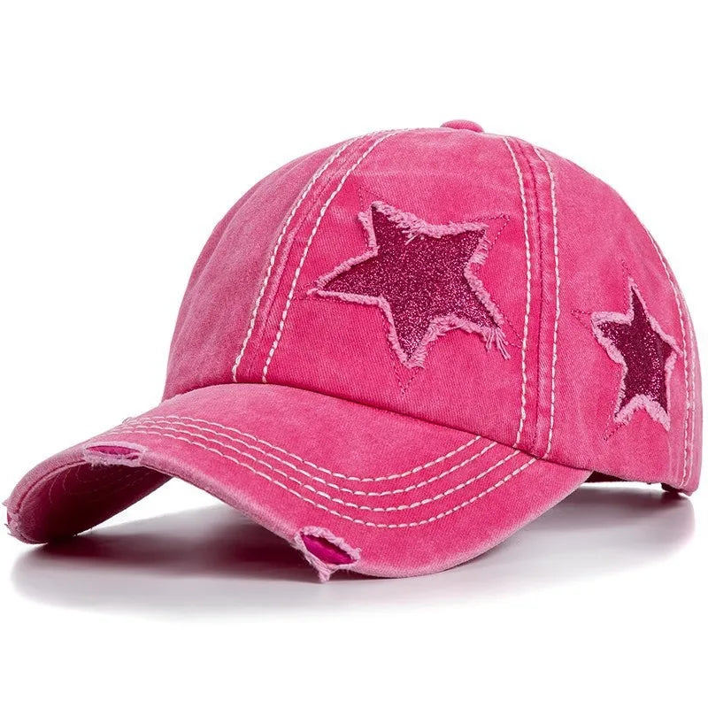 Distressed Star Curved Brim Ponytail Baseball Cap
