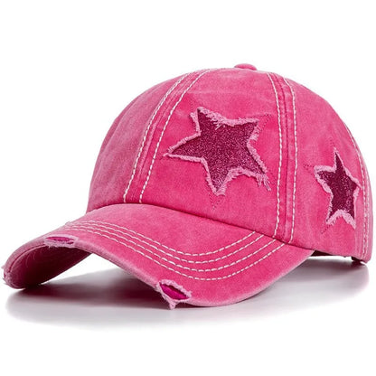 Distressed Star Curved Brim Ponytail Baseball Cap