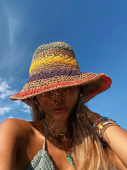 Summer Rainbow Striped Crochet Foldable Bucket Hat