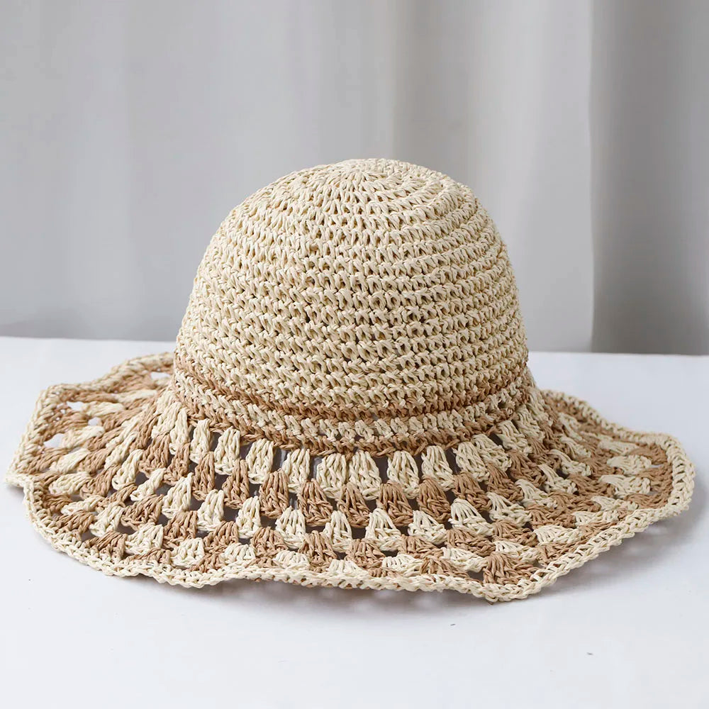 Green Korean Handmade Straw Summer Beach Bucket Hat