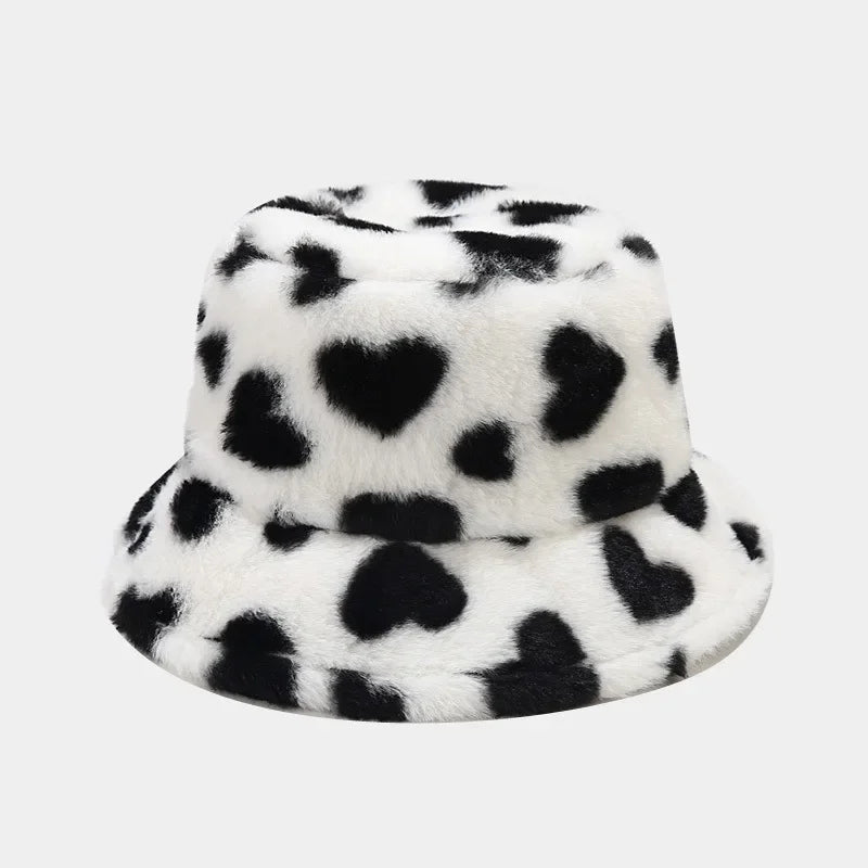 Women’s Heart Print Faux Fur Bucket Hat