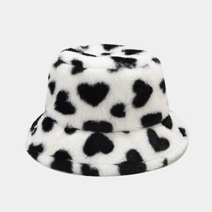 Women’s Heart Print Faux Fur Bucket Hat