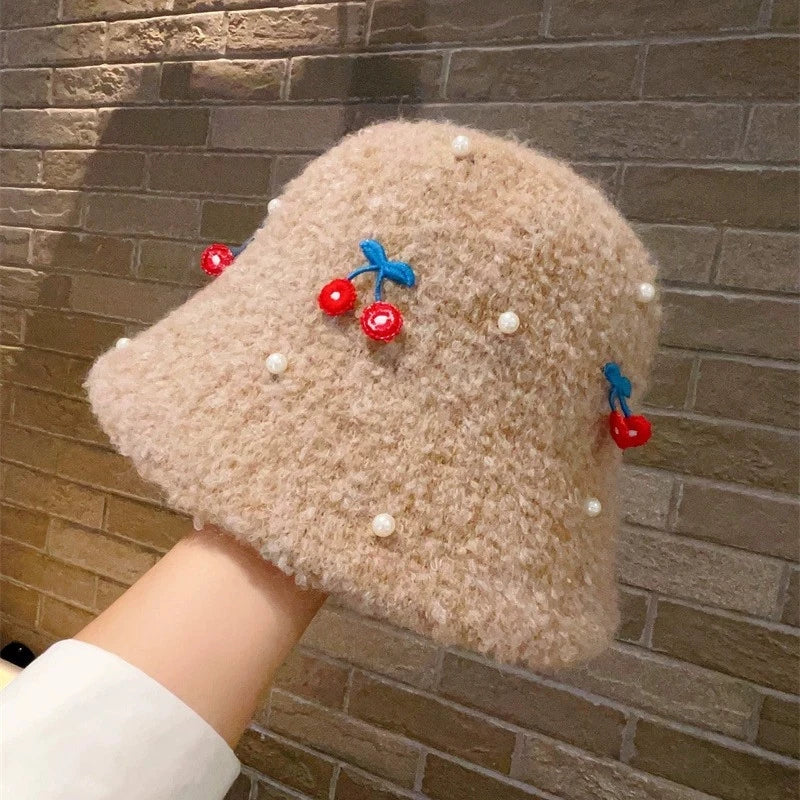 Women's Plush Cherry Pearl Bucket Hat