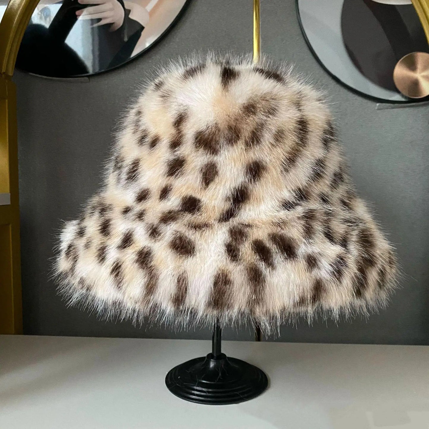 Leopard Print Plush Warm Bucket Hat