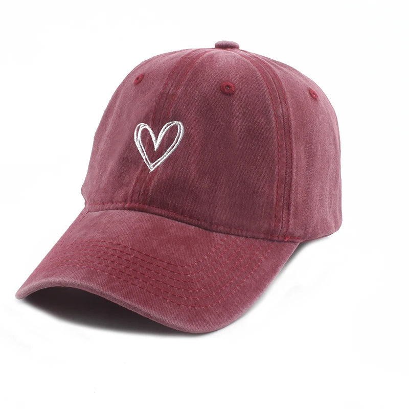 Love Heart Embroidery Washed Baseball Cap