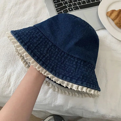 Lace Ruffle Denim Korean Wide Brim Bucket Hat