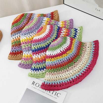 Womens Rainbow Braided Straw Wide Brim Bucket Hat