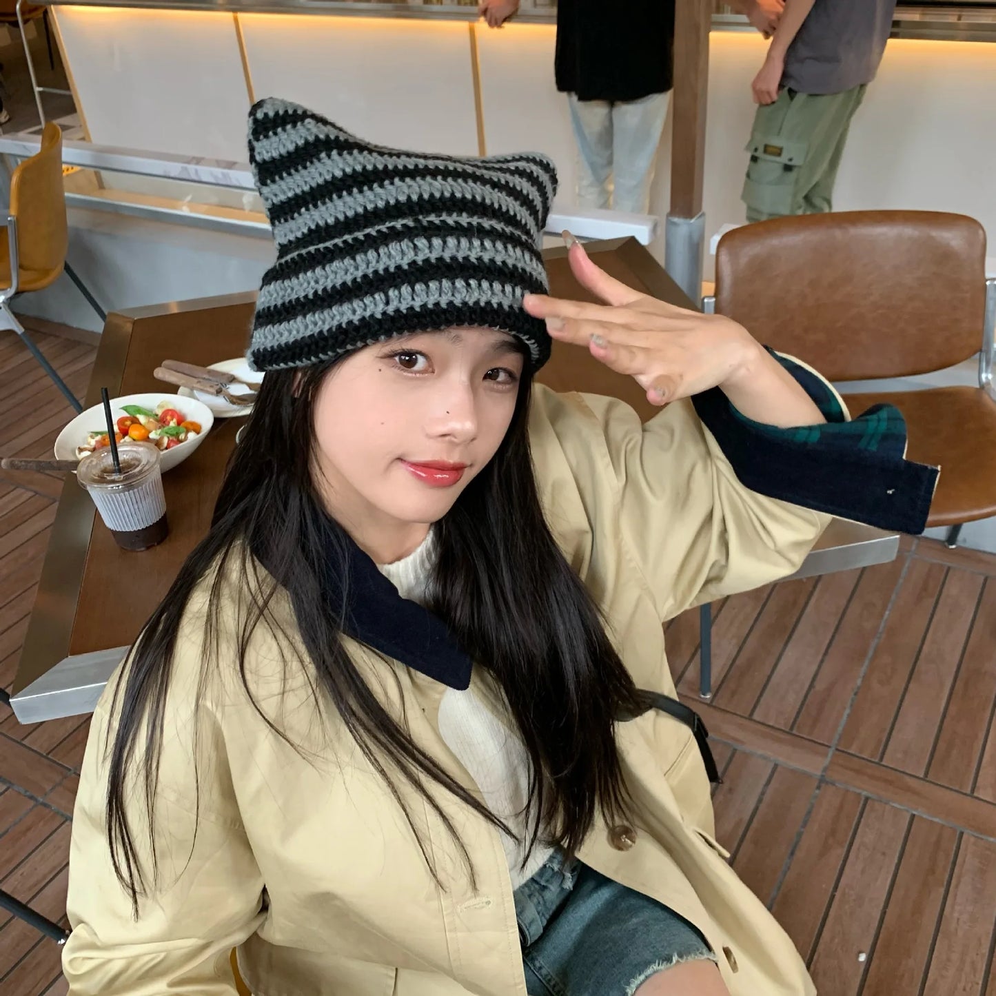 Striped Knit Cat Ears Bucket Hat