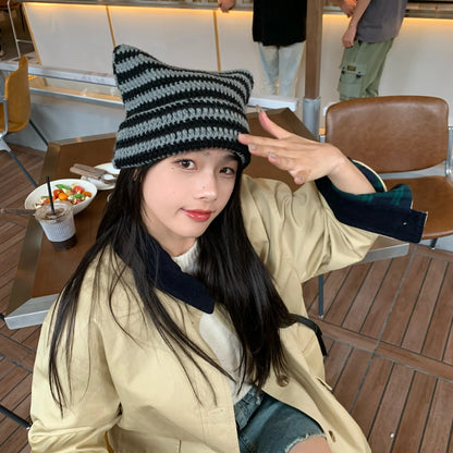 Striped Knit Cat Ears Bucket Hat