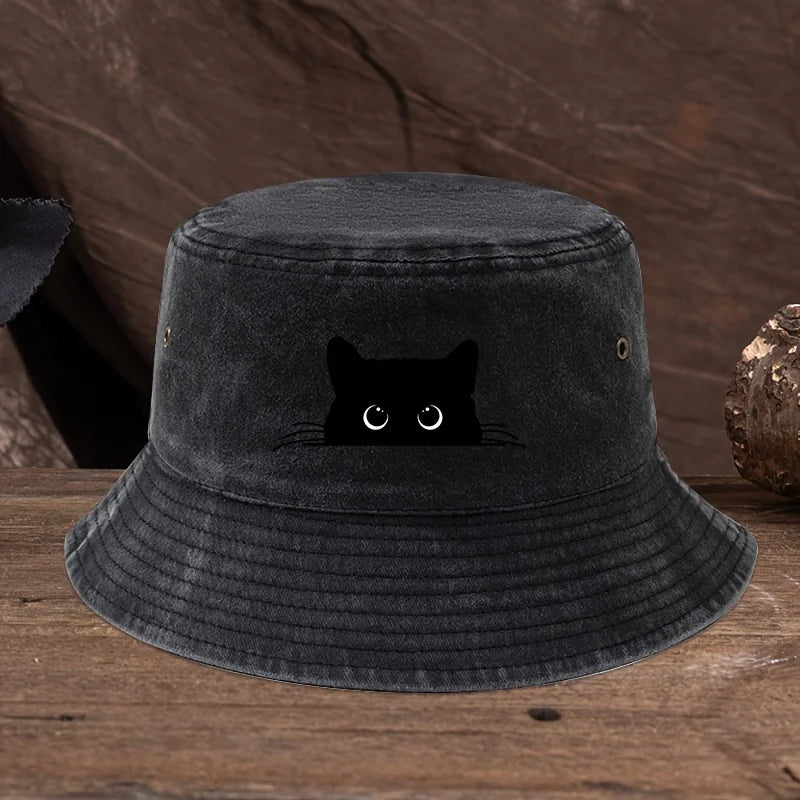 Vintage Black Cat Print Bucket Hat