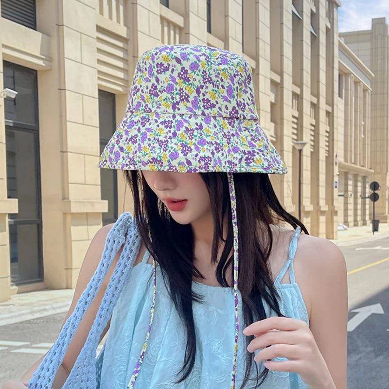 Floral Print Lace Up Cotton Summer Bucket Hat