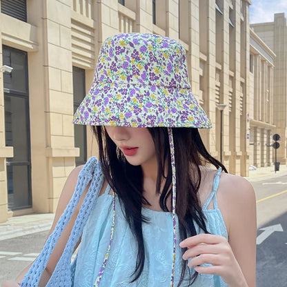 Floral Print Lace Up Cotton Summer Bucket Hat