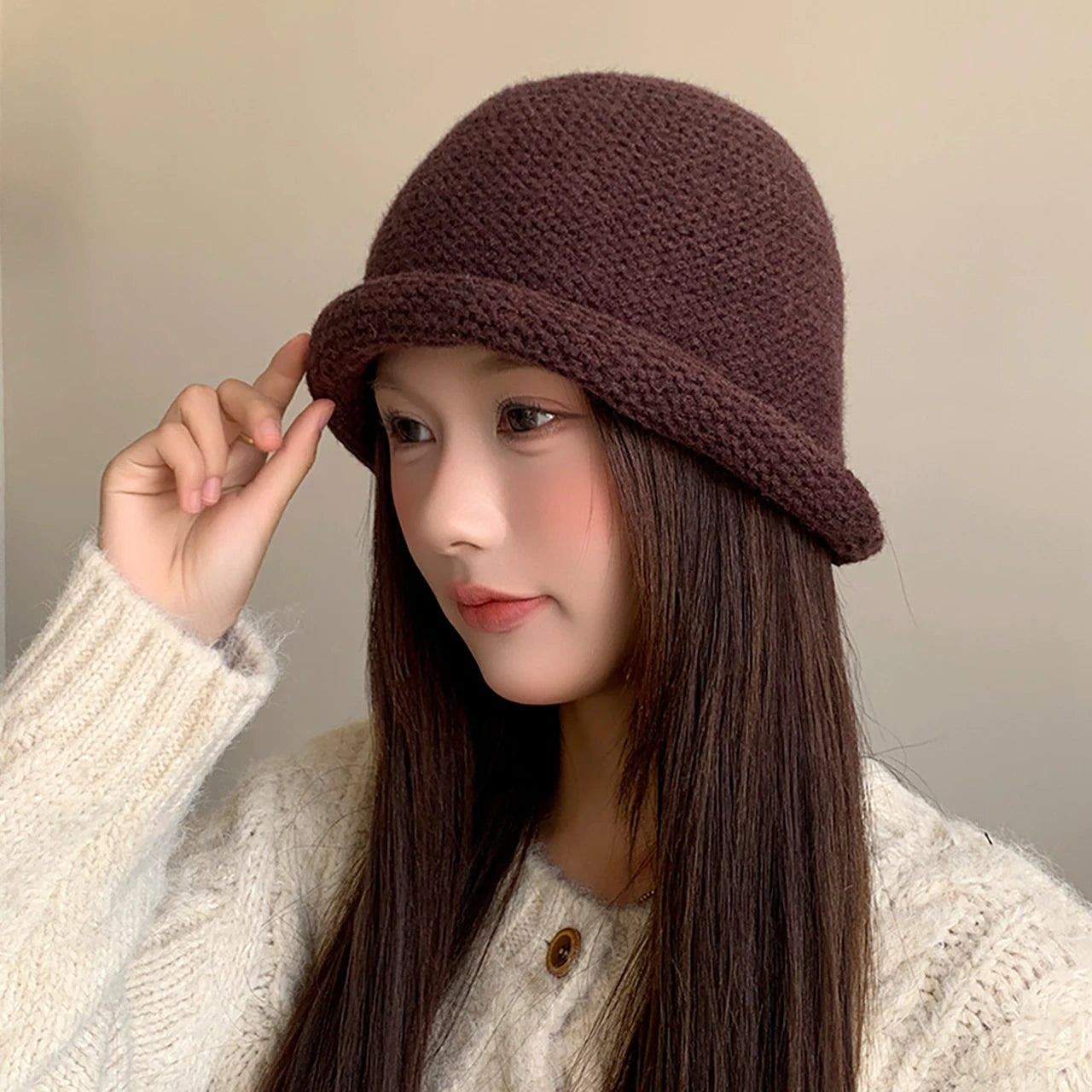 Rolled Edge Crochet Wool Bucket Hat