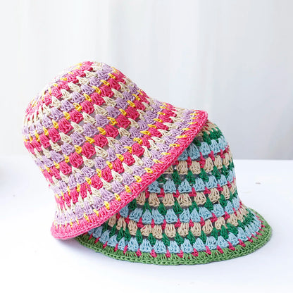 Womens Striped Rainbow Crochet Sun Bucket Hat
