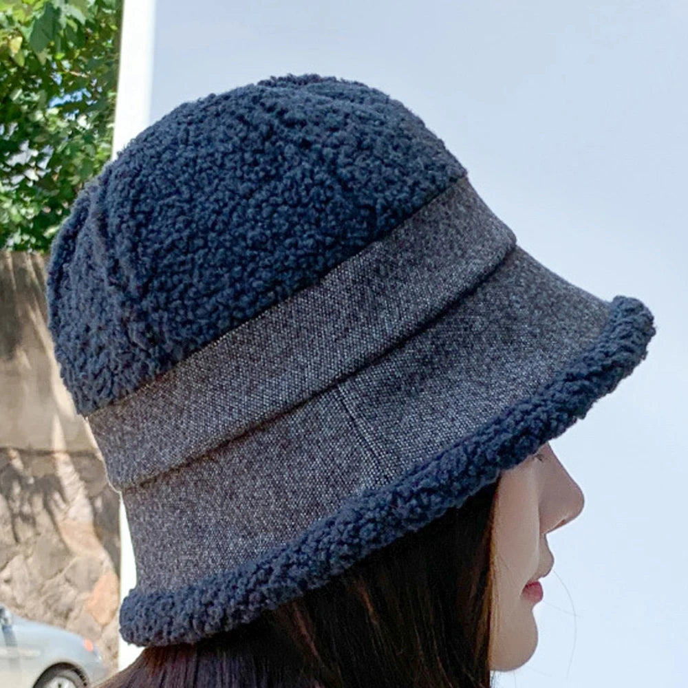 Autumn Winter Knitted Plush Warm Bucket Hat for Women