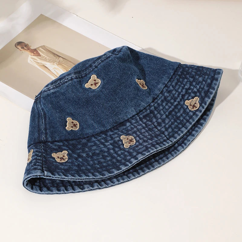 Japanese Bear Embroidered Retro Fisherman Bucket Hat
