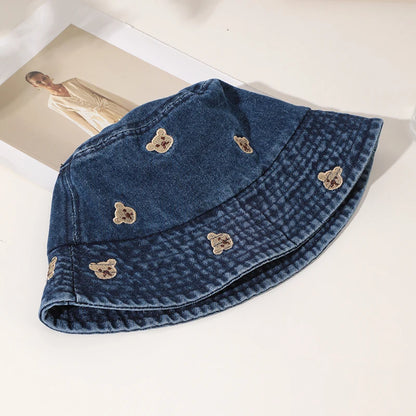 Japanese Bear Embroidered Retro Fisherman Bucket Hat