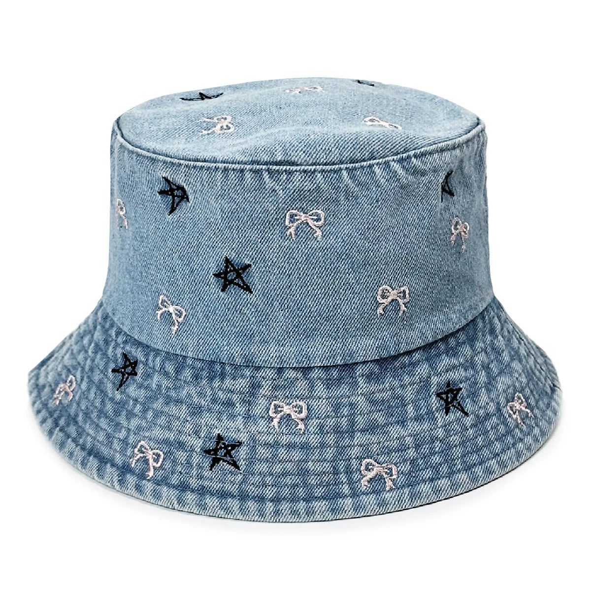 Bow Star Embroidered Denim Bucket Hat