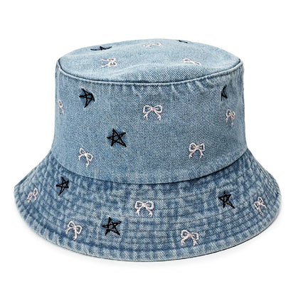 Bow Star Embroidered Denim Bucket Hat