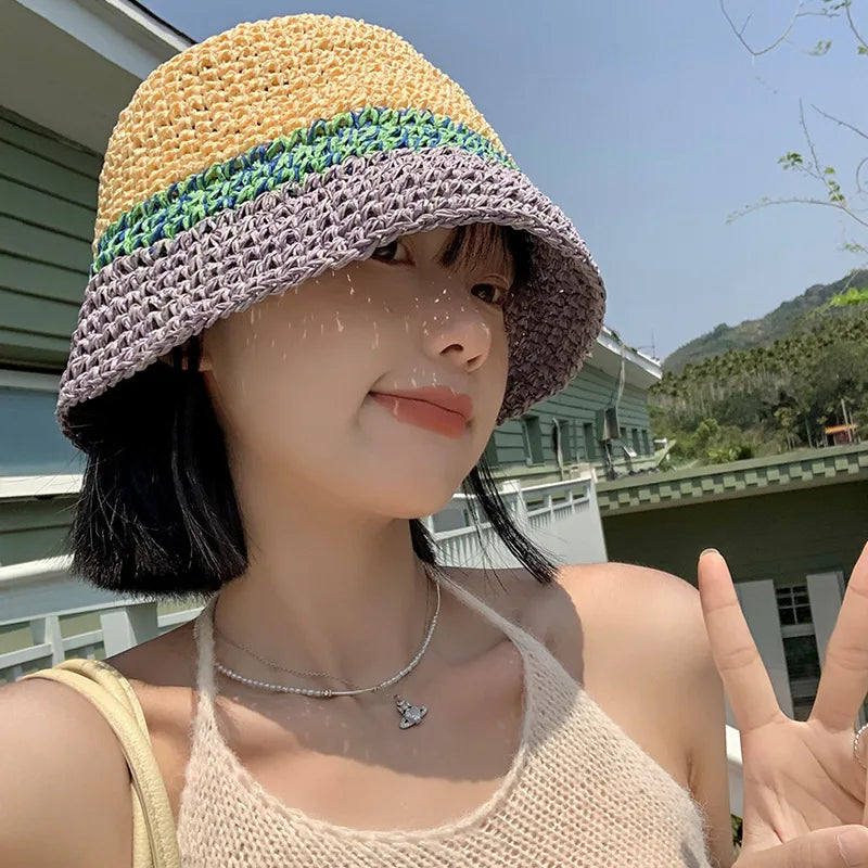Knitted Mix Color Crochet Travel Women Bucket Hat