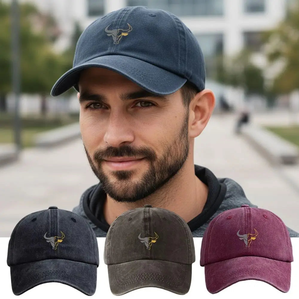 Washed Cotton Bull Head Printed Adjustable Baseball Cap