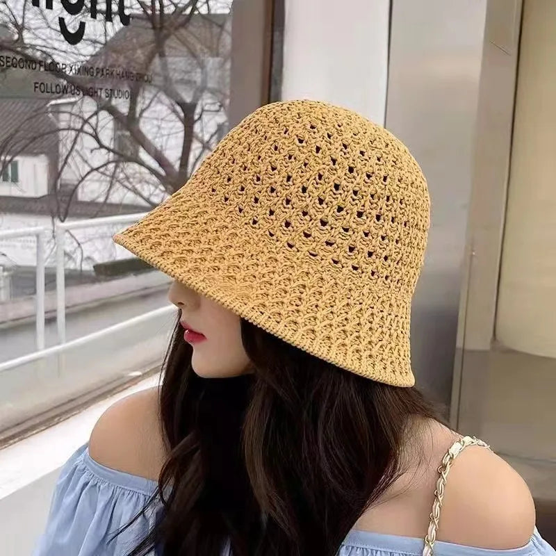 Women Wide Brim Straw Beach Bucket Hat