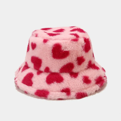 Women’s Heart Print Faux Fur Bucket Hat
