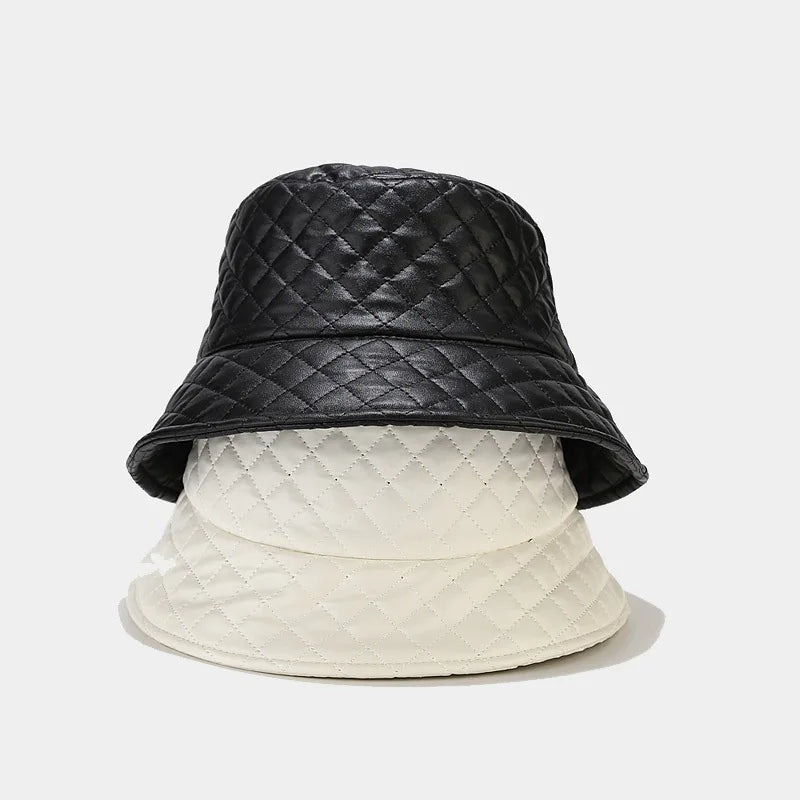 Korean PU Leather Check Winter Bucket Hat
