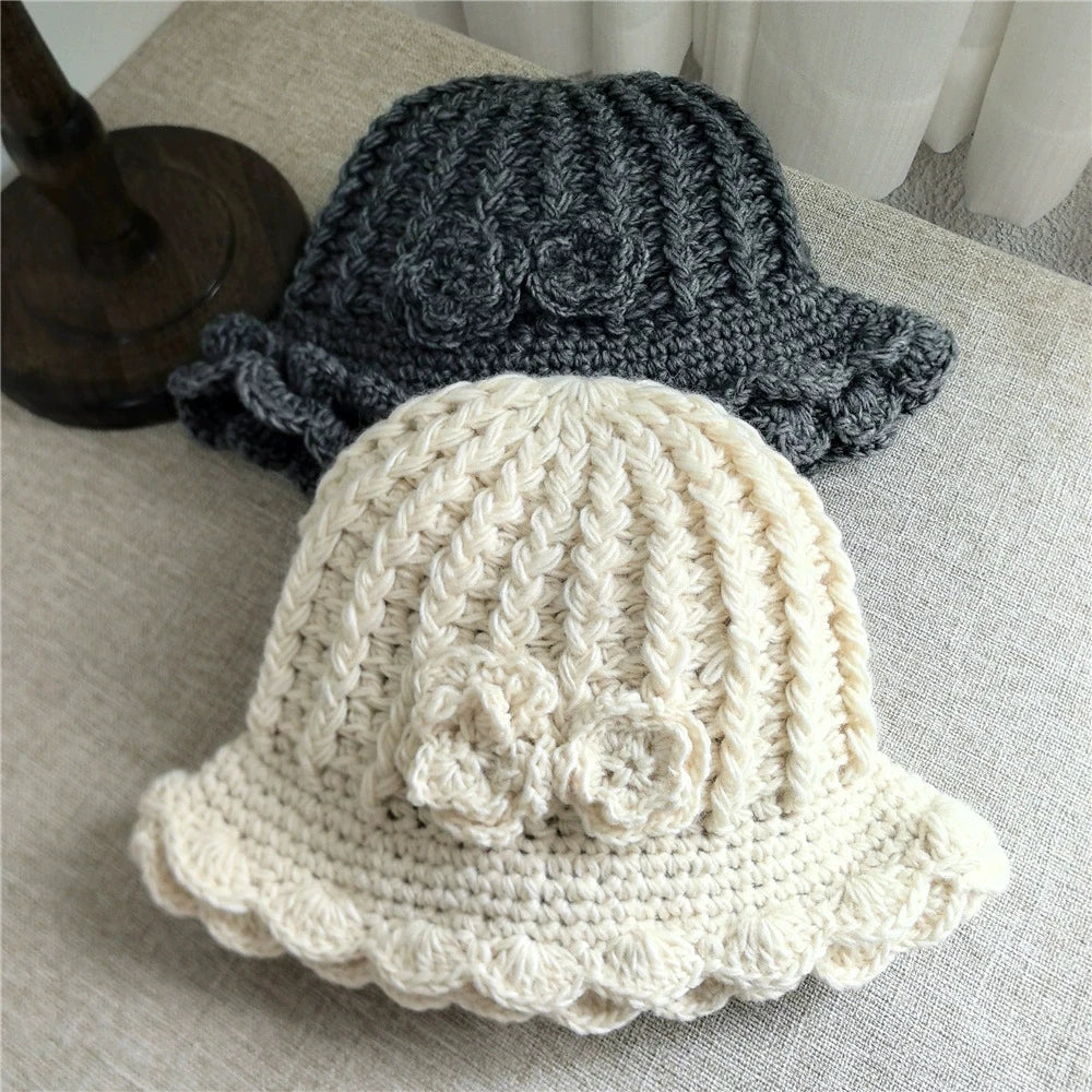 Winter Warm Crochet Woolen Flower Bucket Hat