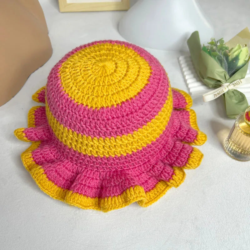 Womens Acrylic Knitted Wide Brim Bucket Hat