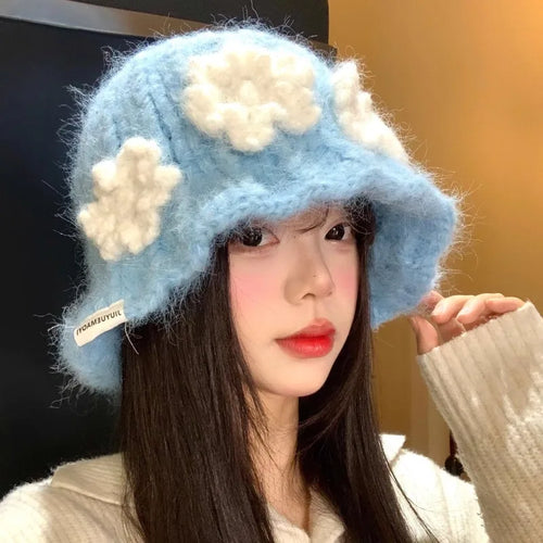 Sweet Flower Knitted Y2K Winter Bucket Hat